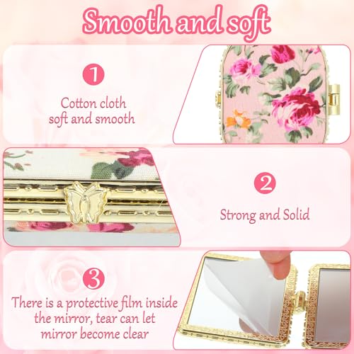 16 Pcs Compact Mirrors for Purse Bulk Small Flower Pocket Mirror Vintage Portable Floral Folding Tea Party Favors Return for Women Birthday Wedding Makeup Travel, Gold Edge