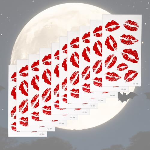 10 Sheets Red Lip Temporary Tattoo, Waterproof Red Lip Print Tattoo Stickers Self-Adhesive Kisses Decal for Face Body Birthday Bachelor Party Decorations