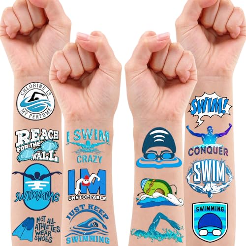 96PCS Swim Swimming Team Temporary Tattoos Summer Beach Pool Themed Birthday Party Decorations Favors Supplies Decor Sport Tattoo Stickers Gifts For Swimmers Kids Boys Girls School Prizes Carnival