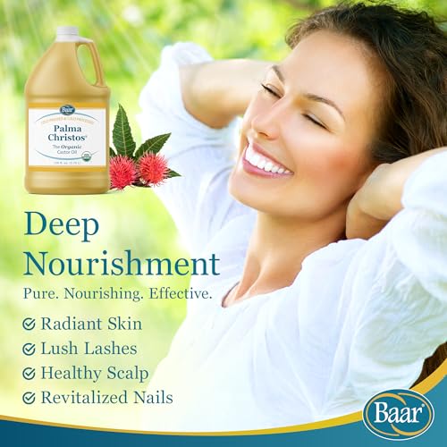 Baar Organic Castor Oil for Eyelash, Eyebrow and Hair Renewal, Skin Repair and Protection, Detox & Cleansing and Relief for Sore Muscles and Stiff Joints, Cold Pressed, Hexane Free, 128 fl oz / 1 gal
