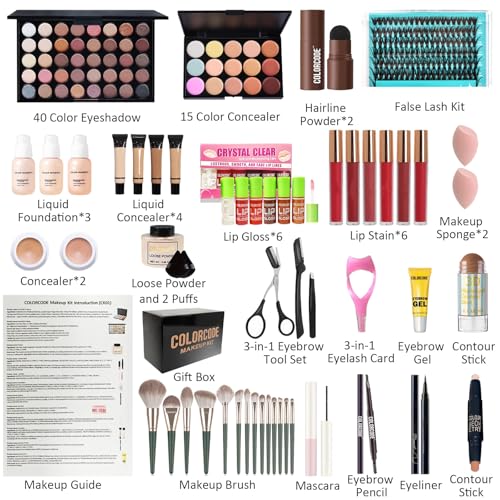All in One Makeup Kit for Teens, Gifts for Teenagers Girls Women, Professional Makeup Set with Eyeshadow Palette Eyeliner Mascara Face Powder Concealer Foundation Lip Gloss Brush Set False Lash Kit