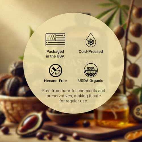Organic Castor Oil for Hair, Scalp, Skin, Face & Eyelashes | USDA Certified | 100% Pure Castor Oil Organic Cold Pressed Unrefined Glass Bottle, Hexane Free - Soulspa Pure - 16 fl oz