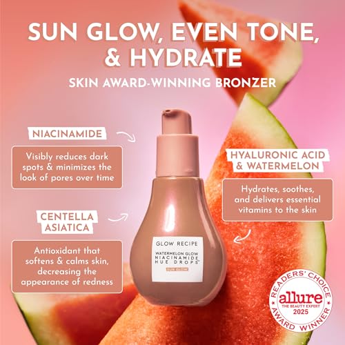 Glow Recipe Hue Drops Bronzing Drops, Tinted Face Serum, Glow Primer + Liquid Highlighter, Niacinamide + Hyaluronic Acid, Radiant Warm Glow, Sunglow (40ml)