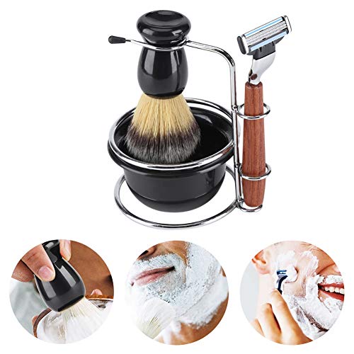 Goick Wet Shaving Kit, 4-Piece Manual Safety Razor with Badger Hair Brush, Stainless Steel Stand and Lathering Bowl Set, Premium Men's Grooming and Gift Set
