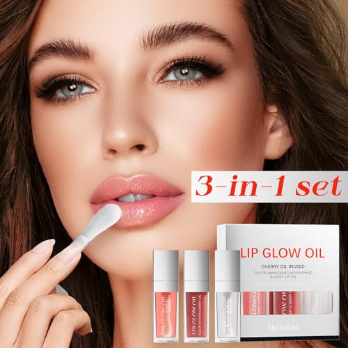 3 Color Plumping Lip Oil, 3-IN-1 Hydrating Lip Gloss Tinted Lip Balm Transparent Toot Lip Oil, Big Brush Head Glitter Shine Long Lasting Moisturizing Lip Glow Oil Nourishing Non-sticky (B#)