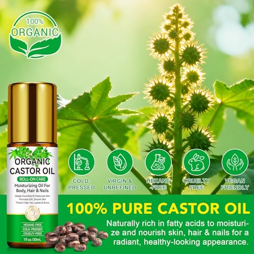 Acorn + Oak Organic Castor Oil 1 fl.oz,100% Pure Cold Pressed for Hair Growth, Eyebrows & Eyelashes ? Natural Moisturizer for Skin & Nails ? Roll-On Glass Bottle, Multi-Purpose Care