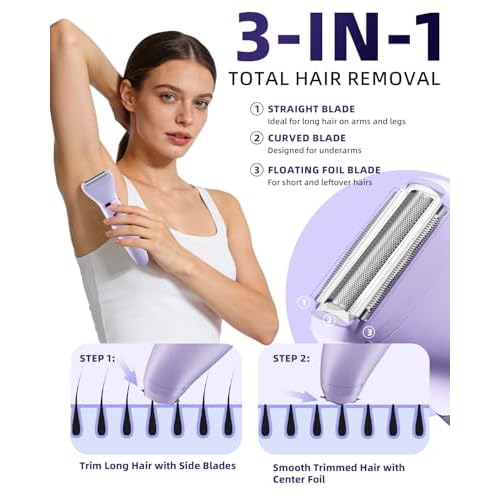 Ufree Bikini Trimmer Electric Razors for Women, Rechargeable Pubic Body Hair Trimmer Electric Shaver for Legs Body Hair, Bikini Shaver IPX7 Waterproof, Gifts for Women, Purple