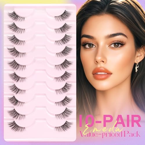 False Eyelashes Half Lashes 4/3 Corner Eyelashes Natural Wispy Lashes D Curl 12mm Reusable Pesta?as Postizas Naturales Cat Eye 10 Pairs Short Fake Lashes Strip Clear Band by EMEDA (01)