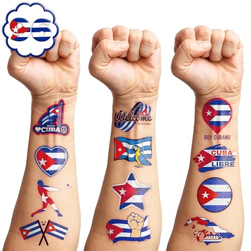 96 PCS Cuban Flag Pre-Cut Temporary Tattoos Cuba Birthday Party Decorations Favors Supplies Decor Havana Nights National Country World Pennant Flags Stickers For Boys Girls Gift School Prizes Rewards