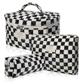 Makeup Bag Set, Quilted Makeup Bag, Large Floral Cosmetic Bag for Women, Cute Cotton Makeup Bags, Flower Travel Toiletry Organizer Bag (Black Checkered)