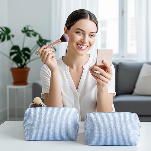 Sanwuta 6 Pcs Seersucker Cosmetic Bags Bulk Seersucker Makeup Bags Stripe Women Pouch Large Preppy Storage Pouch Toiletry Travel Organizer for Wedding Bridesmaid Bride Favor Mom Gift (Blue)