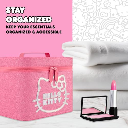 Hello Kitty Large Cosmetic Travel Case Organizer, Portable Makeup Box with Mirror and Dual Zipper
