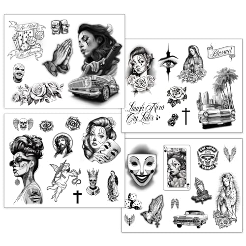 Los Vatos Chicano Vol. II - Cholo Chola Temporary Tattoos For Men Women, Payasa, Lowrider, Virgin Mary, Prayer, Cross, Chicana, Gangster, Fake Tattoo, D?a de Muertos, Tatuajes Temporales