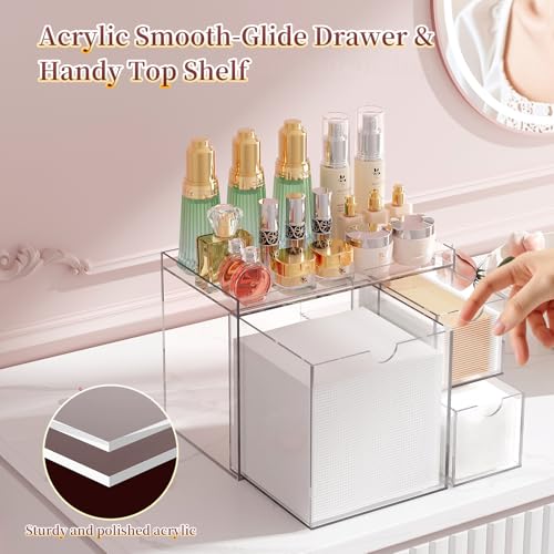 Youdepot Acrylic Face Towel Holder with Drawer ? 4-Layer Disposable Face Towel Holder Organizer Box ? Bathroom Countertop Storage for Cotton Pads, Swabs, and Skincare(Clear)