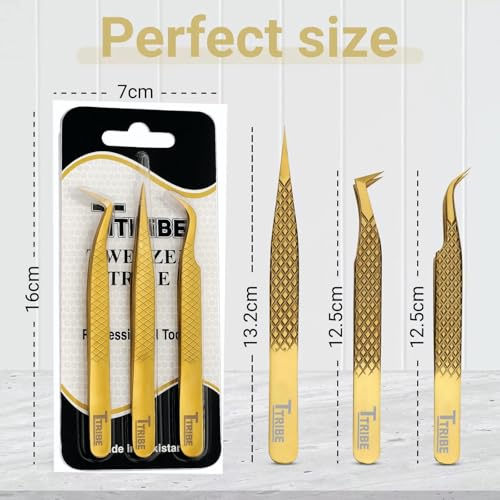 Lash Tweezers for Eyelash Extensions with Diamond Grip, Japanese Stainless Steel, Set of 3 - Great Precision for Classic, Volume & Mega Volume, Premium 45 Degree Curved Set for Women (Gold)