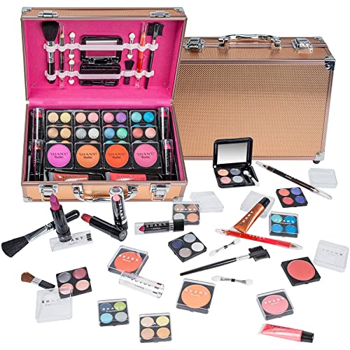 SHANY Carry All Make up Train Case with Pro Makeup Set, Beauty Brushes, Lipsticks, Eye Shadows, Blushes, Powders, and more - Reusable Cosmetics Storage Organizer - Premium Gift Packaging - Rose Gold