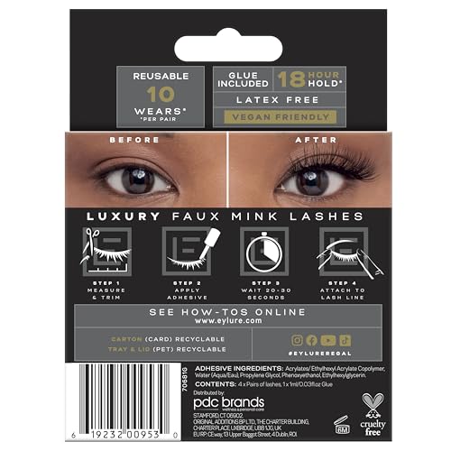 Eylure Luxe Faux Mink False Lashes - Regal, 4 Pairs Bonus Pack | Glue Included | 10 Wears