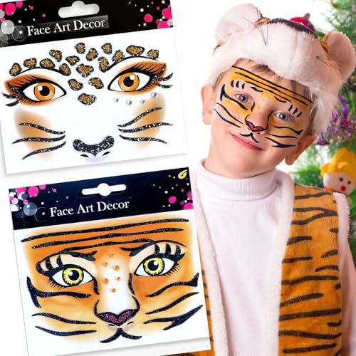 Leopard Tiger Glitter Face Tattoo Stickers for Kids - Temporary Body Art Makeup for Halloween, Cosplay, Birthday Party, Festival - Waterproof Fake Tattoo Stickers - 2Pcs (Wild Animal Design)