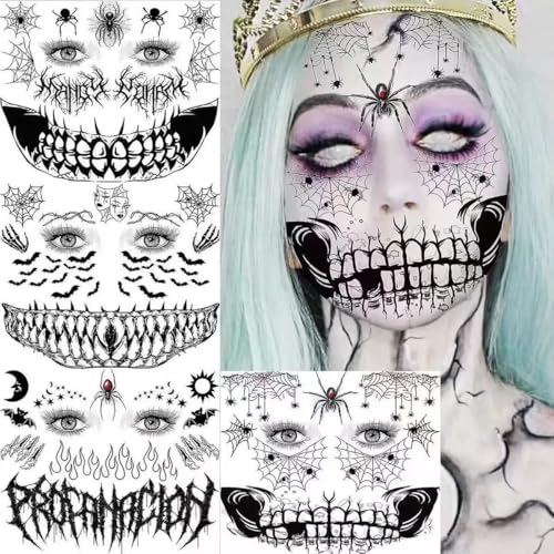 8 Sheets Halloween Face Temporary Tattoo Stickers Skeleton Mouth Tattoos 3D Spider Web Pumpkin Face Bat Spider Fake Tattoos Halloween Makeup Kit for Women Men