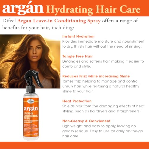 Difeel Argan Oil Leave in Conditioner Hair Spray, 6 oz - for Dry, Frizzy Hair - Deep Hydration, Detangling, Frizz Control, Sulfate, Paraben, Phthalate Free
