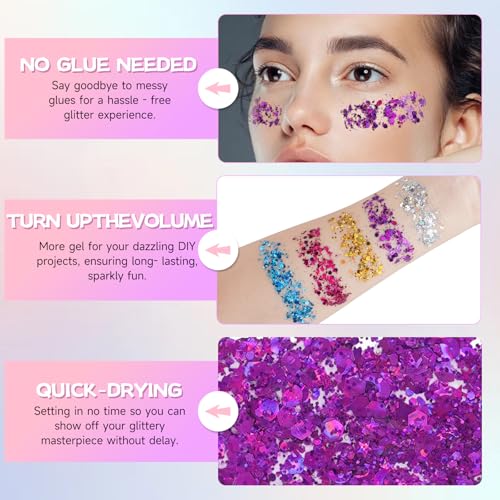 Purple Face Body Glitter Gel,Sparkly Face Glitter for Women,Mermaid Sequins Hair Glitter Makeup£¬Chunky Glitter Makeup for Face/Body/Hair/Eyes,Easter Basket Stuffers for Teens