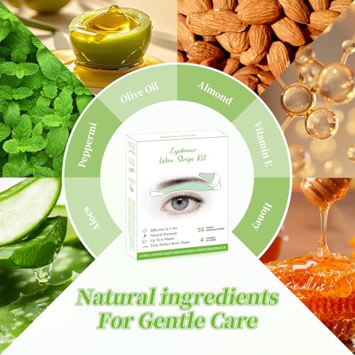 Eyebrow Wax Strips - 56 Strip Eyebrow & Upper Lip Hair Remover with 4 Soothing Wipes | Natural Beeswax Formula | Painless at Home Hair Removal for Women & Sensitive Skin | Lasts 6 Weeks