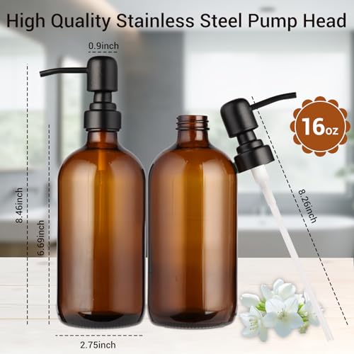 2 Pack Brown Glass Bottle, Soap Dispenser with Stainless Steel Pump,17 oz Upgrade Hand and Dish Soap Dispensers Kitchen, Hand Soap Dispenser Bathroom Accessories for Hotel, Vacation Rental, Restaurant