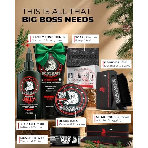 Bossman Big Boss Beard Care Kit for Men - 7 Piece Beard Grooming Kit with Jelly Beard Oil, Beard Conditioner, Beard Balm, MUDstache Wax, Bar Soap, Metal Comb, Brush - Gift Set for Men (Hammer)