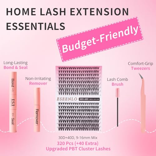Lash Extension Kit, 320pcs DIY Eyelash Extension Kit 9-16mm Mix, 30D 40D Curl Individual Lash Clusters with Bond, Seal, Remover and Tweezers