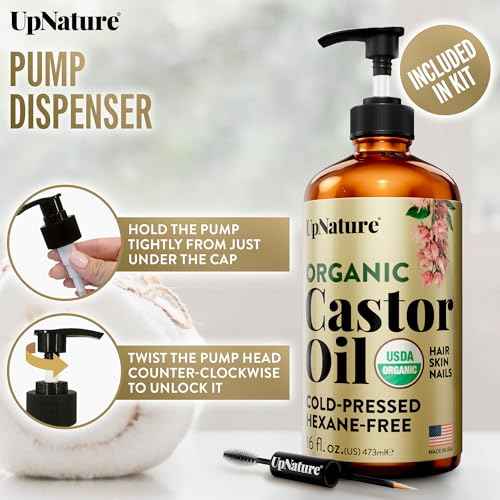 UpNature Organic Castor Oil in Glass Bottle (16 oz) 100% Pure Cold Pressed Unrefined Castor Oil for Hair Skin Face (Hexane Free)