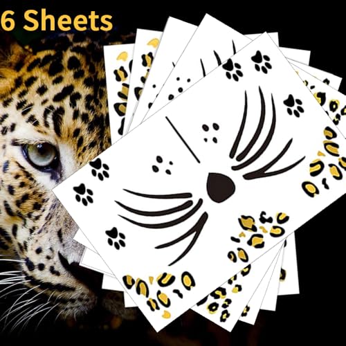 6 Sheets Leopard Print Temporary Tattoos Fake Cheetah Full Face Tattoo Stickers for Women Men Halloween Costume Accessories Leopard Face Body Makeup Decoration Party Supplies, 3 Styles