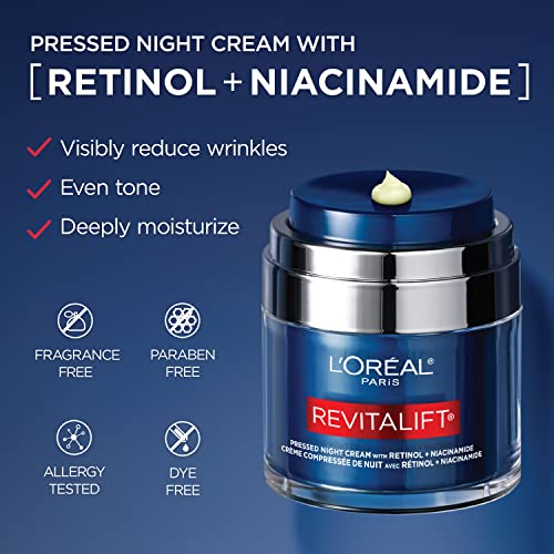 L'Oreal Paris Revitalift Pressed Night Cream,Retinol + Niacinamide,Reduces Wrinkles,Fragrance Free,1.7 oz + Serum Sample,(Pack of 2)