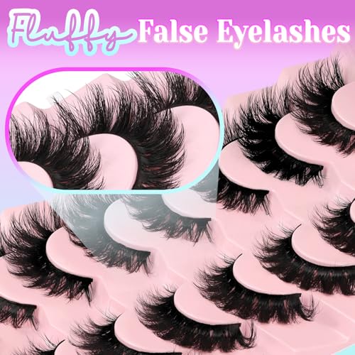 Losha Lashes Volume False Eyelashes Fluffy Cat Eye Lashes 7 Pairs Crisscross Lashes Strips 8-18mm Thick Fake Eyelashes 3D Faux Mink Lashes (FC03)