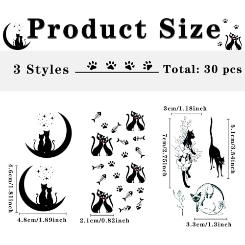 30 Sheets Cat Temporary Tattoos for Women Cute Waterproof Makeup Fake Tattoo Stickers for Body Arm Face Animal Fish Bone Cat's Claw Small Stickers for Party Decorations