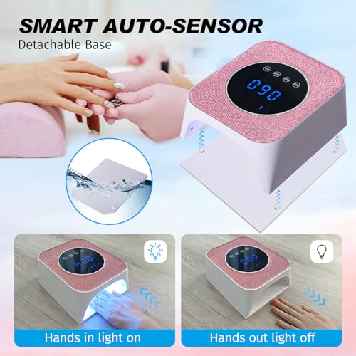Belovedone UV Nail Lamp, 72W Rechargeable LED Gel Nail Light Dryer for Gel Polish 4 Timer Modes Cordless Bling Pink Diamond Rhinestones for Salon & Home