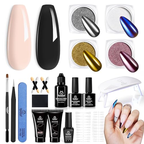 Beetles Poly Nail Extension Gel Kit with UV Lamp+Beetles Neon Gel Nail Polish Set 6 Colors Glitter Purple Pink Black