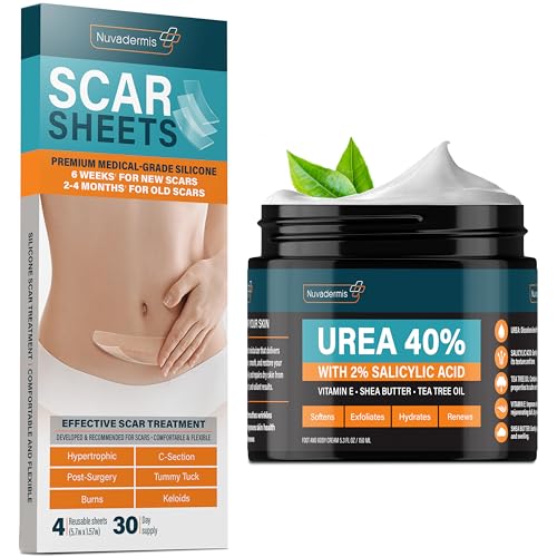 NUVADERMIS Repair Bundle- Urea Cream 40 Percent for Feet, Foot Repair Lotion + Silicone Scar Sheets for Surgical Scar Treatment