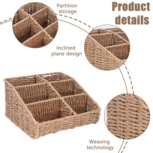 Makeup Organizer, Hand-woven Wicker Basket for Dresser Vanity and Bathroom Countertop, 6 Compartment Skincare Organizer Cosmetic Display Case, Beauty Holder for Lipstick Brush Eyeshadow Palette
