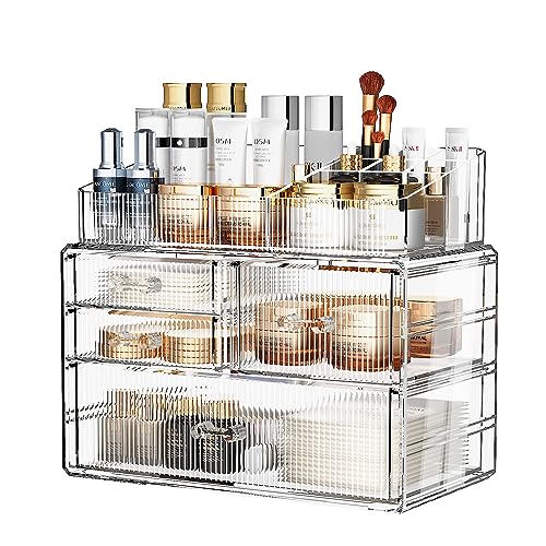 ZHIAI Stackable Storage Drawer, Acrylic Organizer, Cosmetic Organizer for Dresser, Vanity, Kitchen Cabinet, Bathroom, Under Sink, Home Organization and Storage (1 Top 3 Drawers)