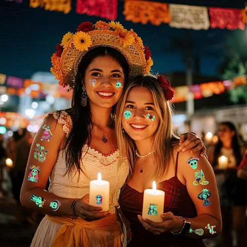 Day of the Dead Face Tattoos, Day of the Dead Decorations Party Favors Glow, Dia De Los Muertos Sugar Skull Temporary Tattoos for Kids, Day of the Dead Crafts Decor