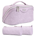 BOYATU Travel Makeup Bags Cosmetic Organizer Bag: 3-Set Large Capacity Make up Bag - PU Leather Toiletry Bags for Women - Wide Open Portable Pouch with Divider & Handle (A-Violet)