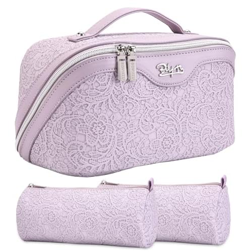 BOYATU Travel Makeup Bags Cosmetic Organizer Bag: 3-Set Large Capacity Make up Bag - PU Leather Toiletry Bags for Women - Wide Open Portable Pouch with Divider & Handle (A-Violet)