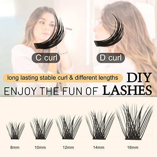 QUEWEL Cluster Lashes 144 Pcs Wide Stem Individual Lashes C/D Curl 8-16mm Length DIY Eyelash Extension False Eyelashes Natural&Mega Styles Soft for Personal Makeup Use at Home (Mega-D-MIX-144 Pcs)
