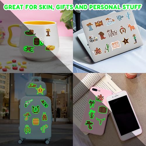 96PCS First Rodeo Pre-cut Temporary Tattoos 8 Sheets Cowboy 1st Party Decorations Favors Supplies Western Theme Birthday Cute Stickers Christmas Gifts Boys Girls Class School Prizes (Luminous)