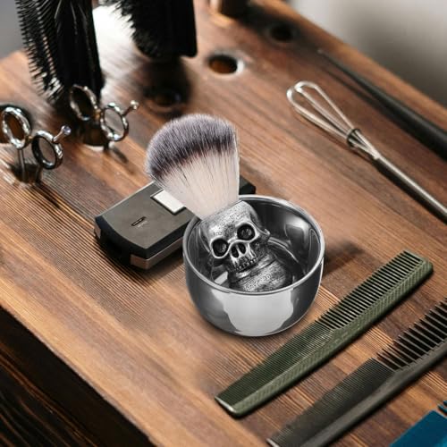 Shaving Bowl and Brush Kit, Skull Design Shaving Bowl Wide Mouth Shaving Kit Stainless Steel Beard Brush Shaving Tools For Men Women