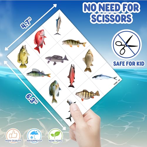 Pre-Cut Fishing Temporary Tattoos - Gone Fishing Fish Lake 96PCS Funny Fish-Themed Stickers for Kids' Birthday Party Supplies, Decorations, Favors, and Prizes - Cute Gifts for Boys and Girls