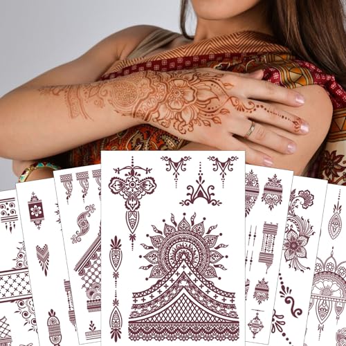 12 Sheets Brown Henna Tattoo Kit, Waterproof Tattoo Stickers for Women Wedding Party Body Art Stickers
