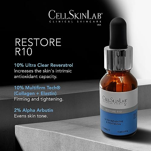 Restoring and Tightening Serum by CellSkinLab ? Restore R10 - Reparative Skincare for Damaged Skin ? Antiaging Solution with Ultra Clear Resveratrol 10%, Collagen and Elastin