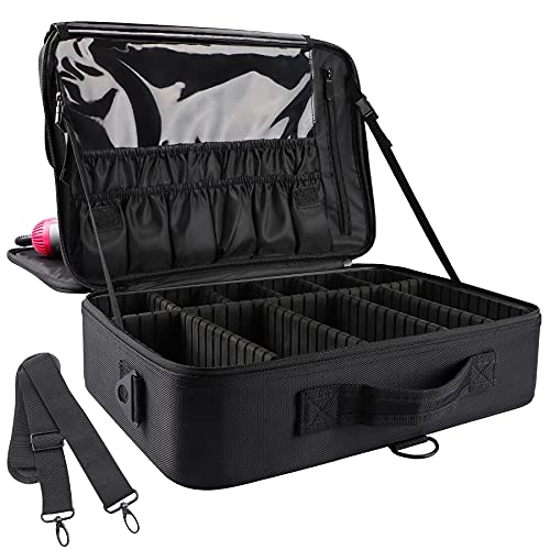 JOURMON Travel Makeup Train Case,Large Capacity Cosmetic Bags for Women,Portable Makeup Bag Organizer with Adjustable Dividers & Shoulder Strap (Black, L)