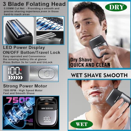 Electric Mini Foil Shaver for Men,Mini Razor with LED Display,IPX7 Waterproof Compact Face Shave for Travel,3-Blade Folating Head Close & Precision Shave,Wet/Dry Use, USB C Charge